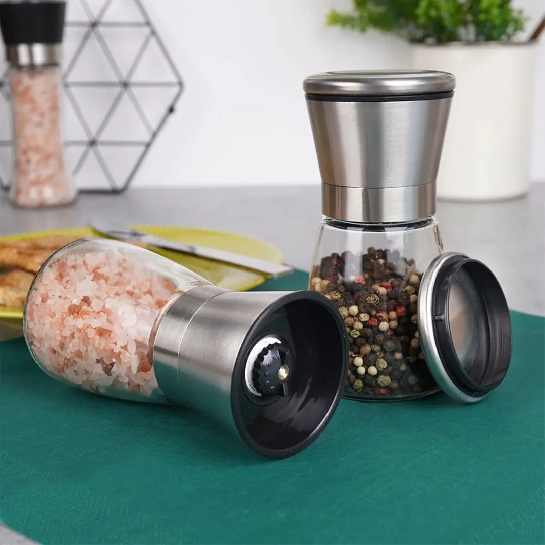 Orion Glazen Peper- en Zoutmolen Set 13,5cm - Keramisch - Handmatig - Zwart/Transparant