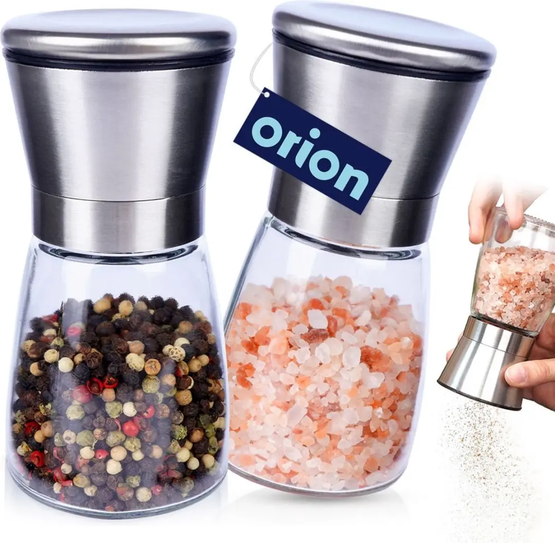 Orion Glazen Peper- en Zoutmolen Set 13,5cm - Keramisch - Handmatig - Zwart/Transparant