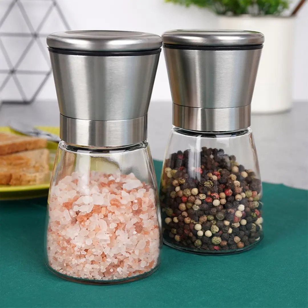 Orion Glazen Peper- en Zoutmolen Set 13,5cm - Keramisch - Handmatig - Zwart/Transparant