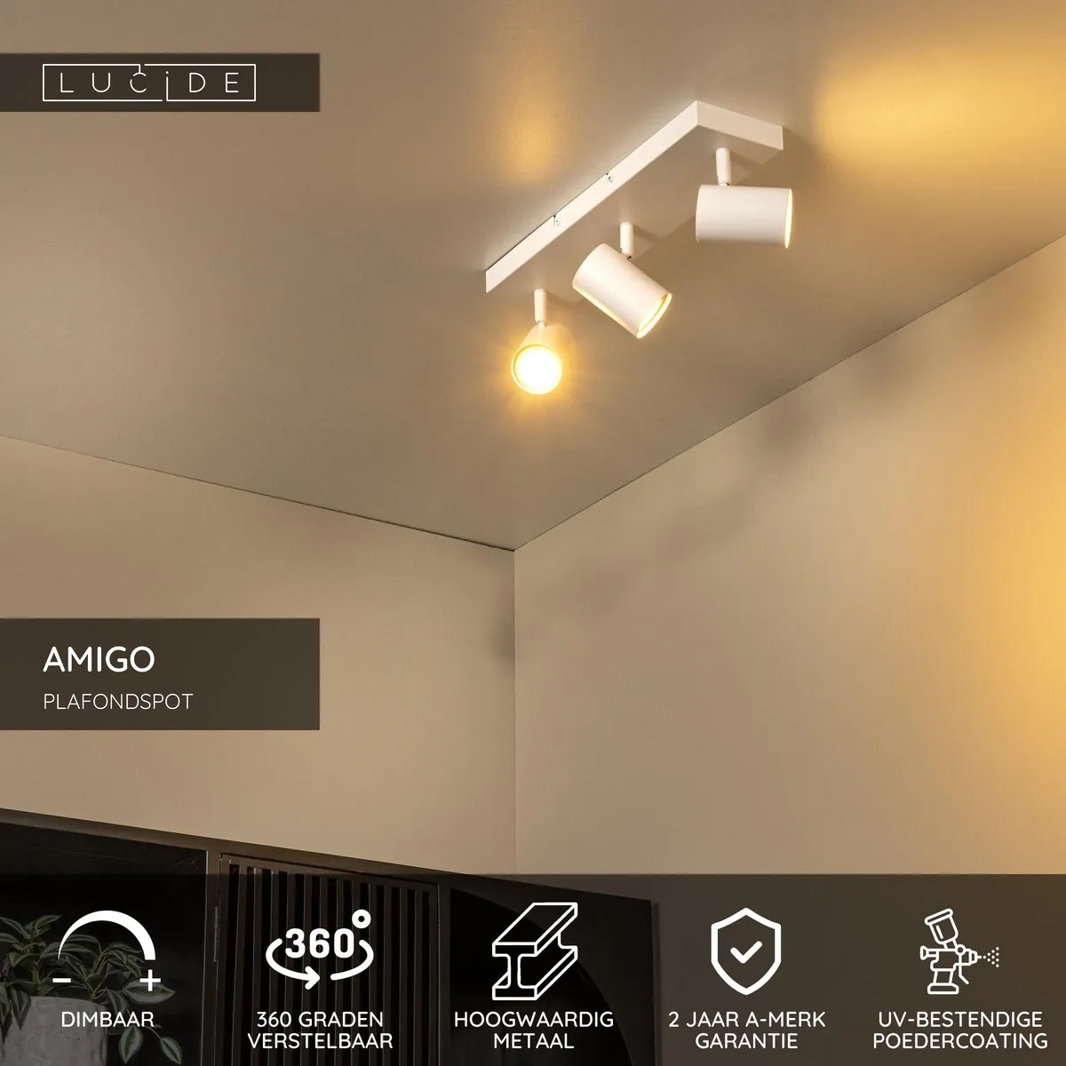 Lucide Amigo Plafondspot 3xGU10 - Wit