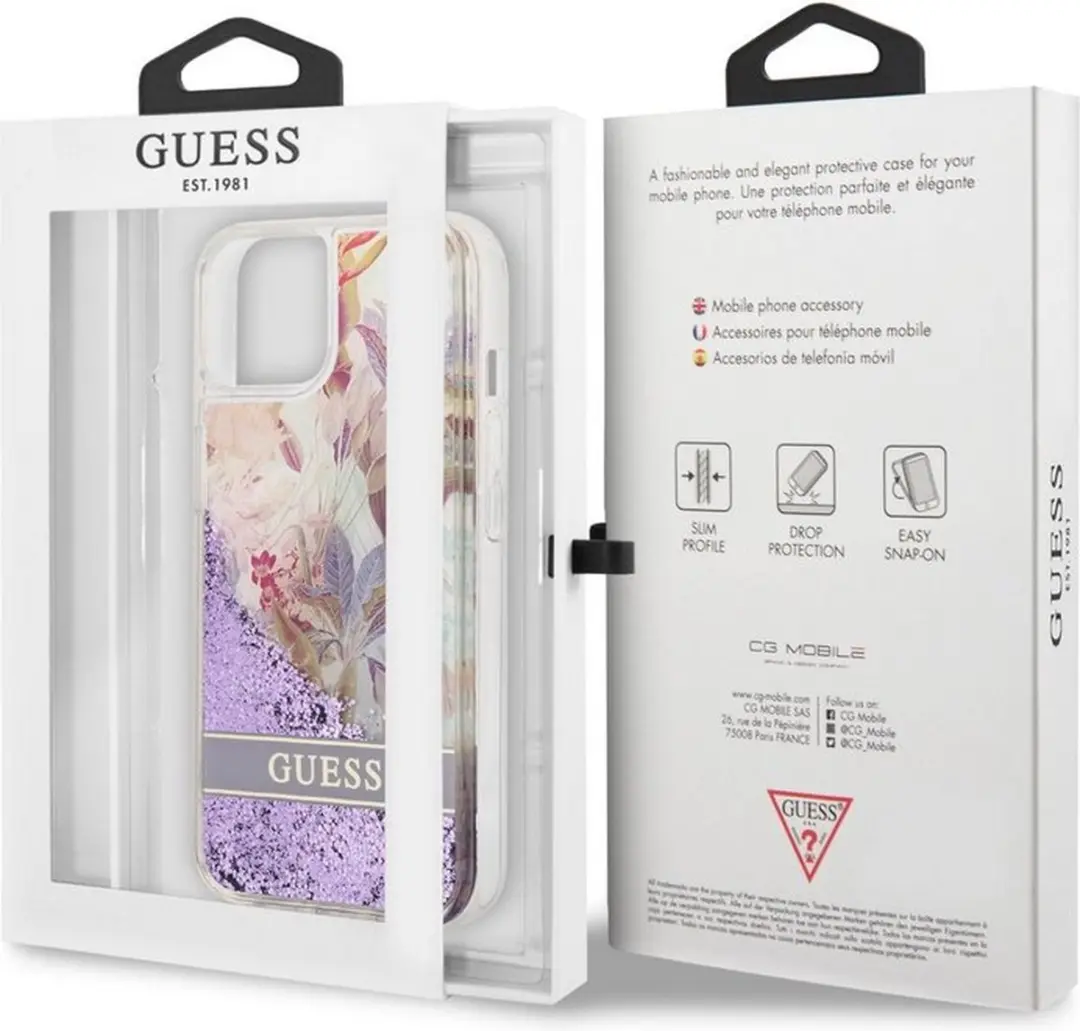 GUESS Flower Liquid Glitter Hoesje iPhone 13 Mini - Paars