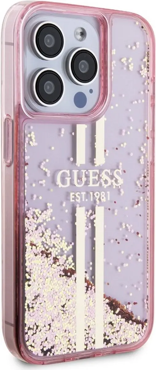 GUESS Liquid Glitter Gold Stripe Hoesje - iPhone 15 Pro Max - Roze