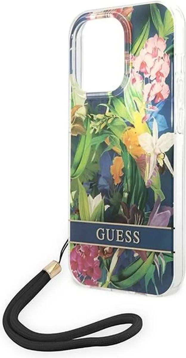 GUESS Flower Back Cover met Strap - iPhone 14 Pro - Blauw