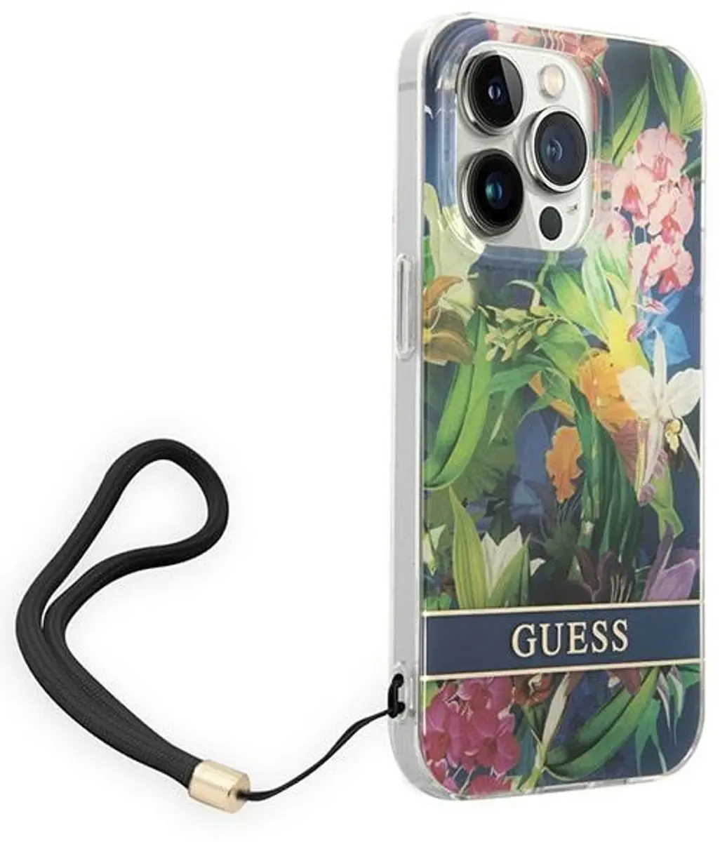 GUESS Flower Back Cover met Strap - iPhone 14 Pro - Blauw