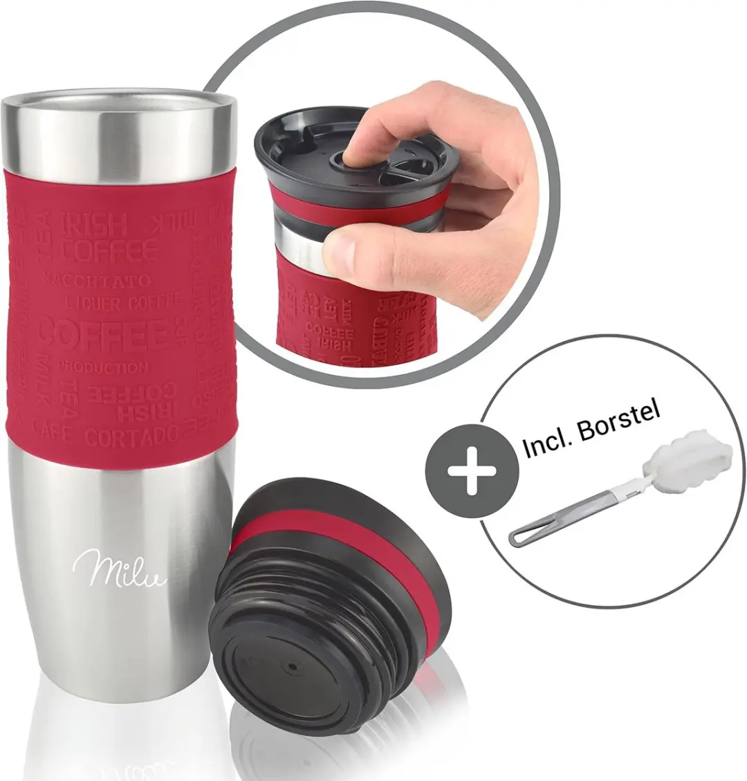Milu Thermosbeker 450ml - Rood - Dubbelwandig - Vaatwasserveilig