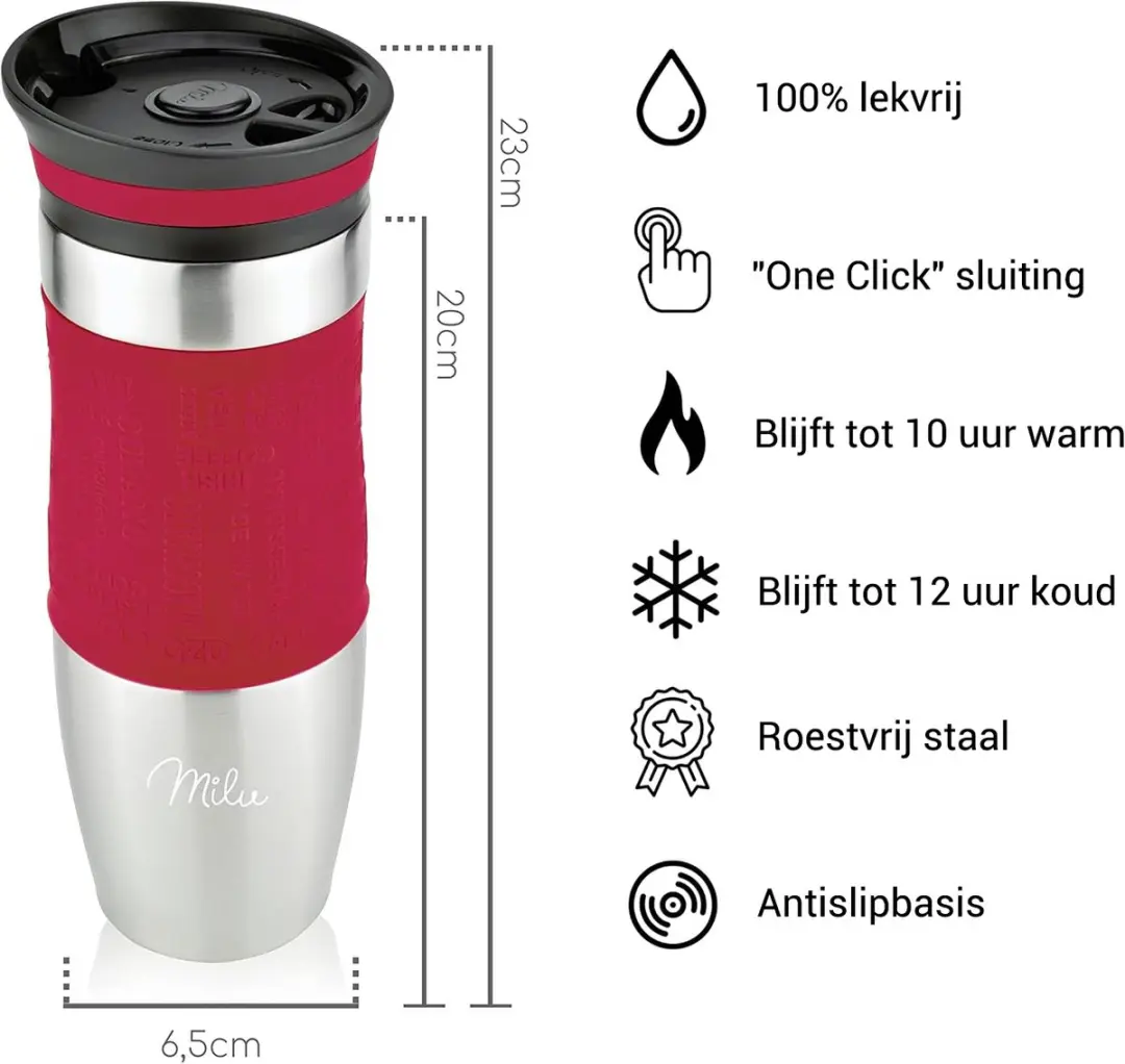 Milu Thermosbeker 450ml - Rood - Dubbelwandig - Vaatwasserveilig - afbeelding 6 van 6
