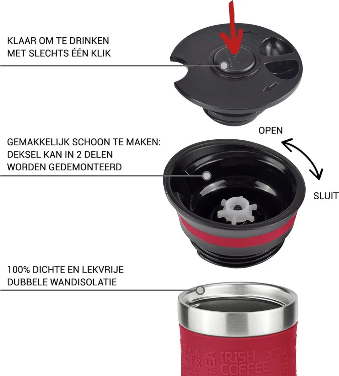Milu Thermosbeker 450ml - Rood - Dubbelwandig - Vaatwasserveilig
