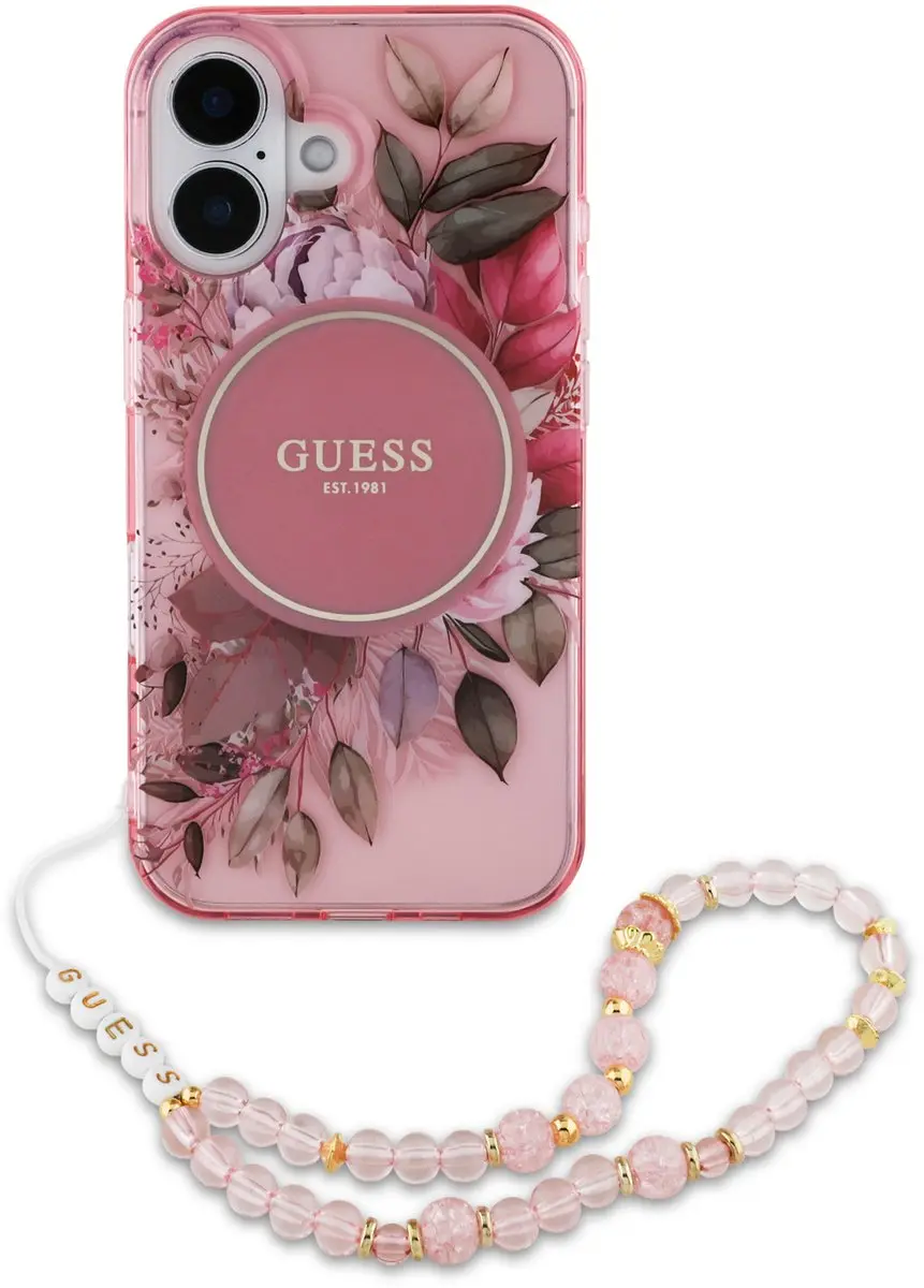 GUESS IML Flowers Case MagSafe iPhone 16 - Roze