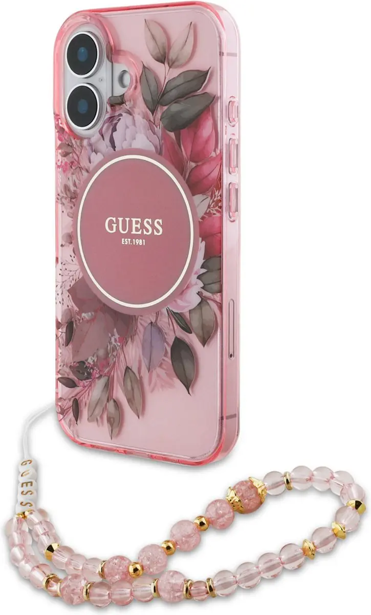 GUESS IML Flowers Case MagSafe iPhone 16 - Roze