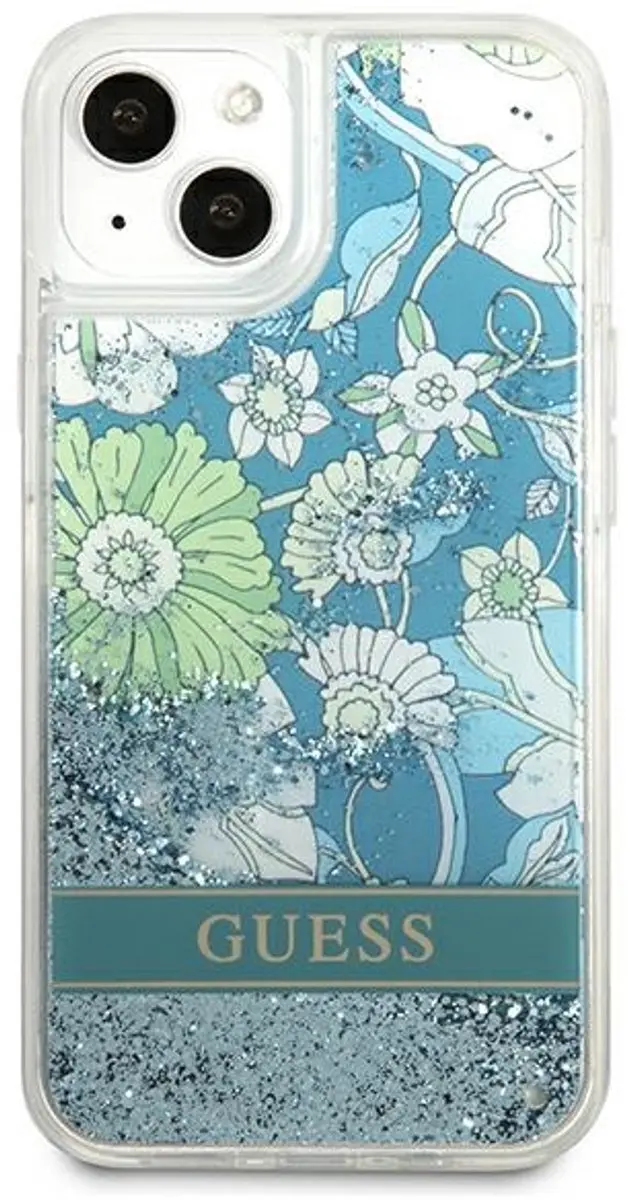 GUESS Flower Liquid Glitter Hoesje - iPhone 13 Mini - Groen