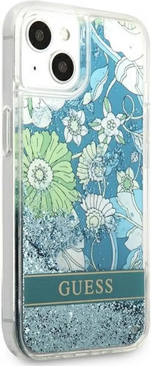 GUESS Flower Liquid Glitter Hoesje - iPhone 13 Mini - Groen
