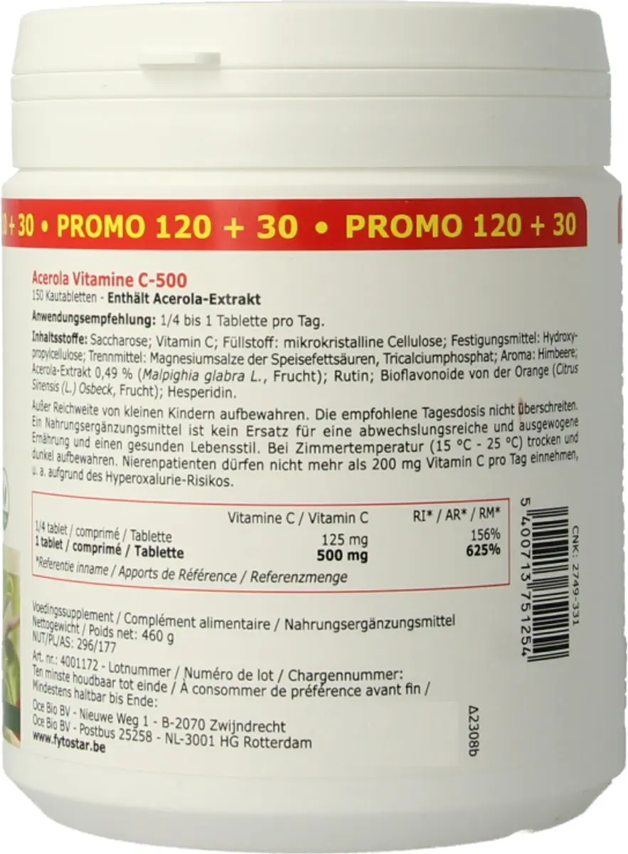 Fytostar Acerola C 500 Vitamine C Kauwtabletten - 150 Stuks