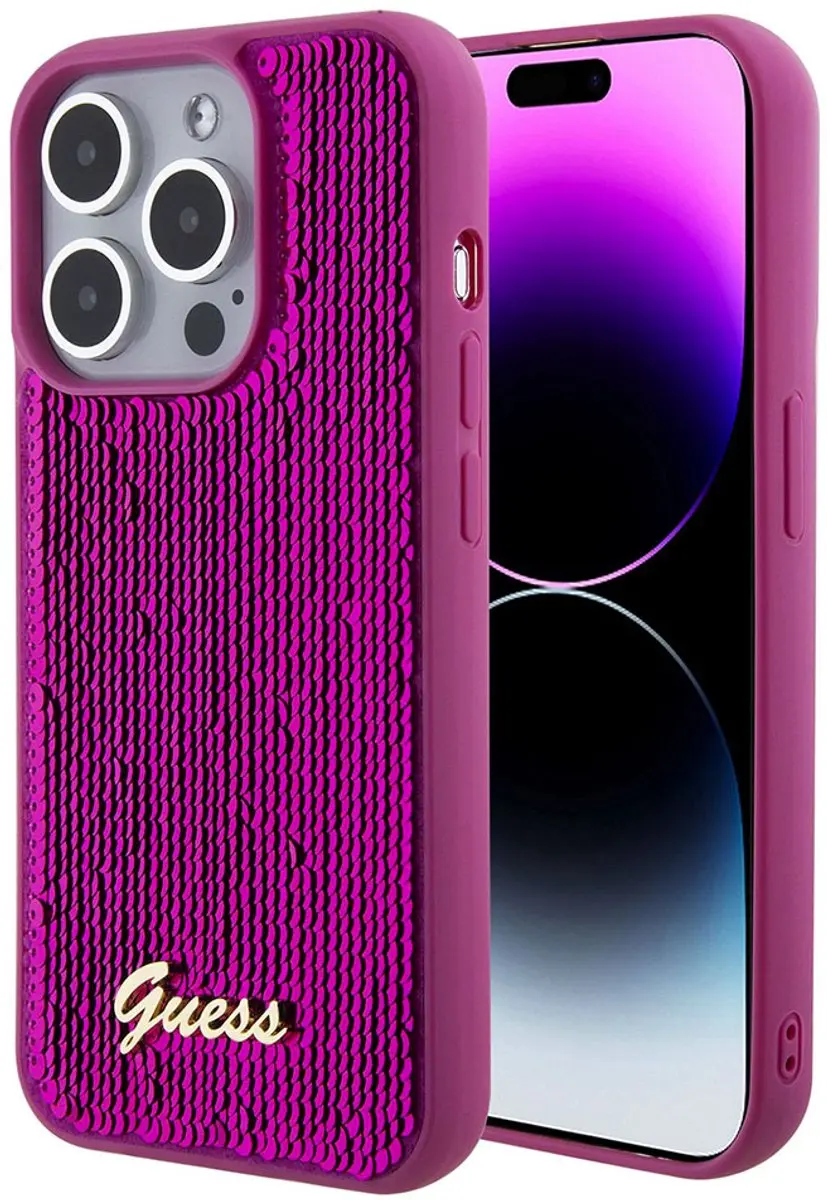 GUESS Sequins Script Logo Hoesje iPhone 15 Pro Max - Magenta