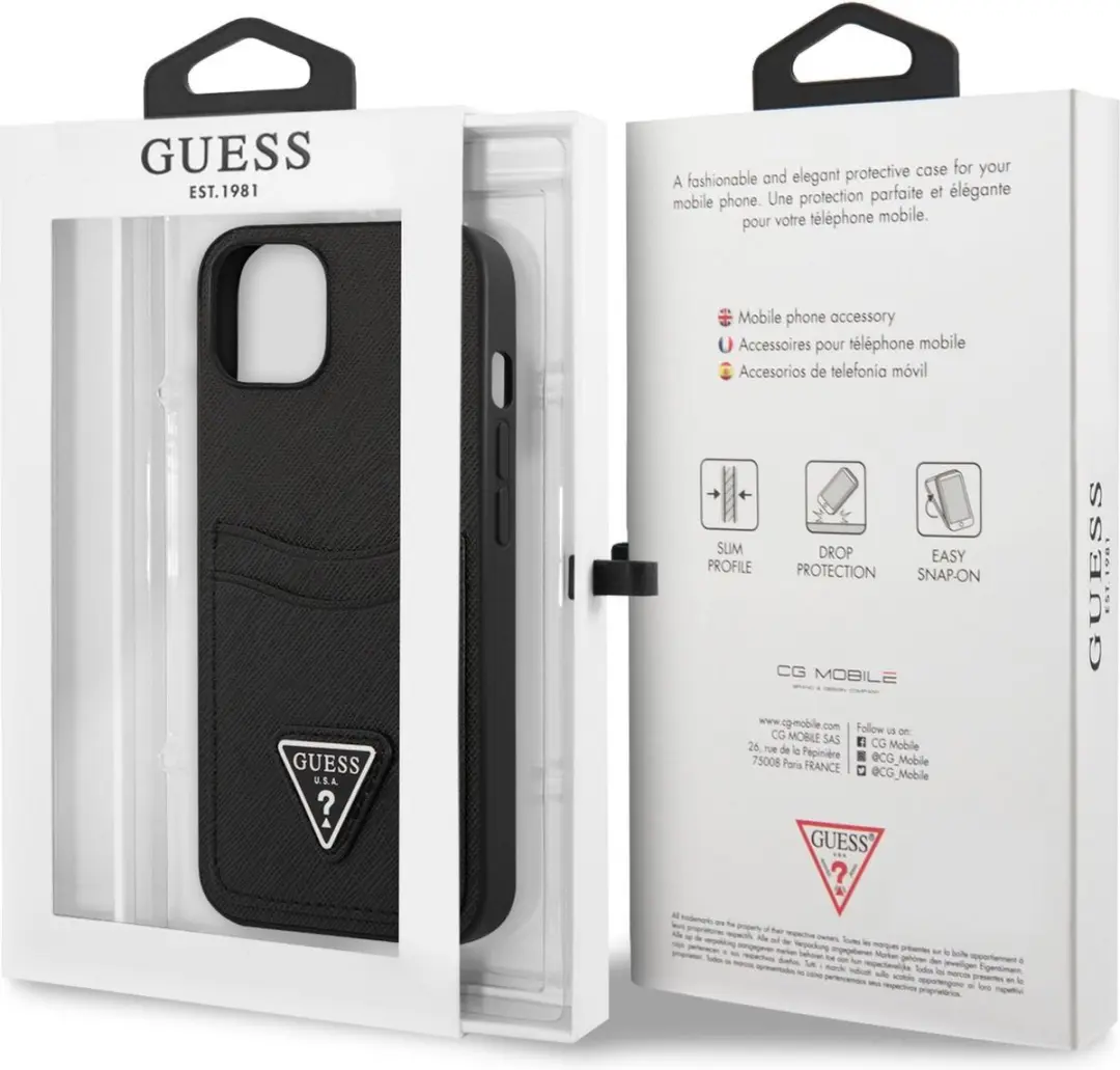 GUESS Saffiano Double Card Back Case - iPhone 13 Mini - 2 Pasjes - Zwart