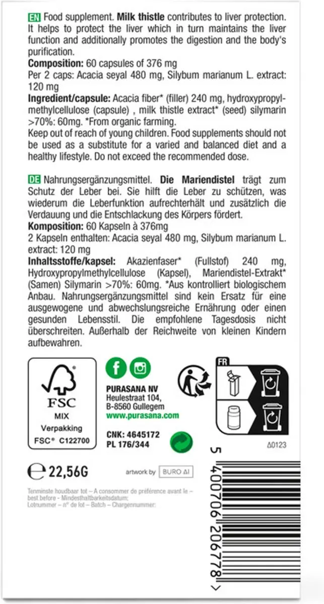 Purasana Mariadistel Extract 60mg - 60g Biologisch