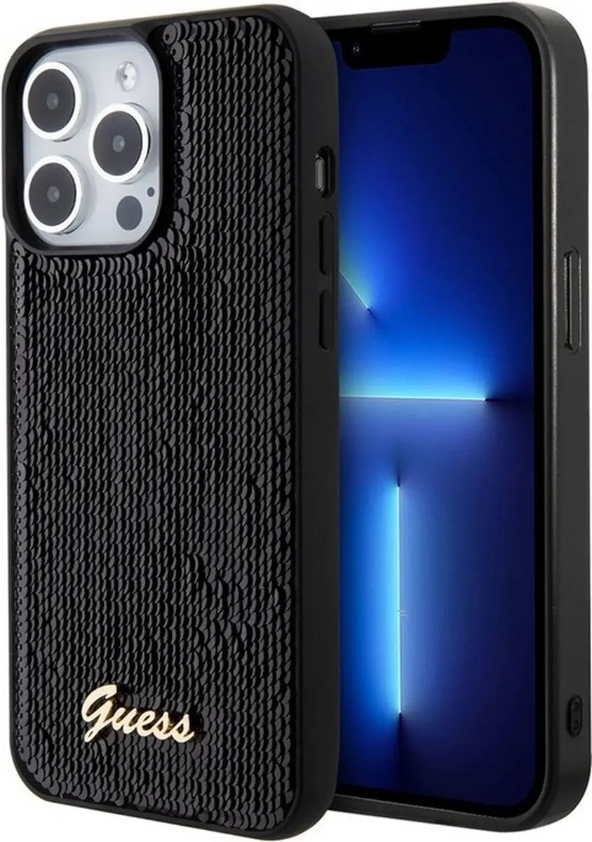 GUESS Sequins Script Logo Hoes - iPhone 15 Pro - Zwart