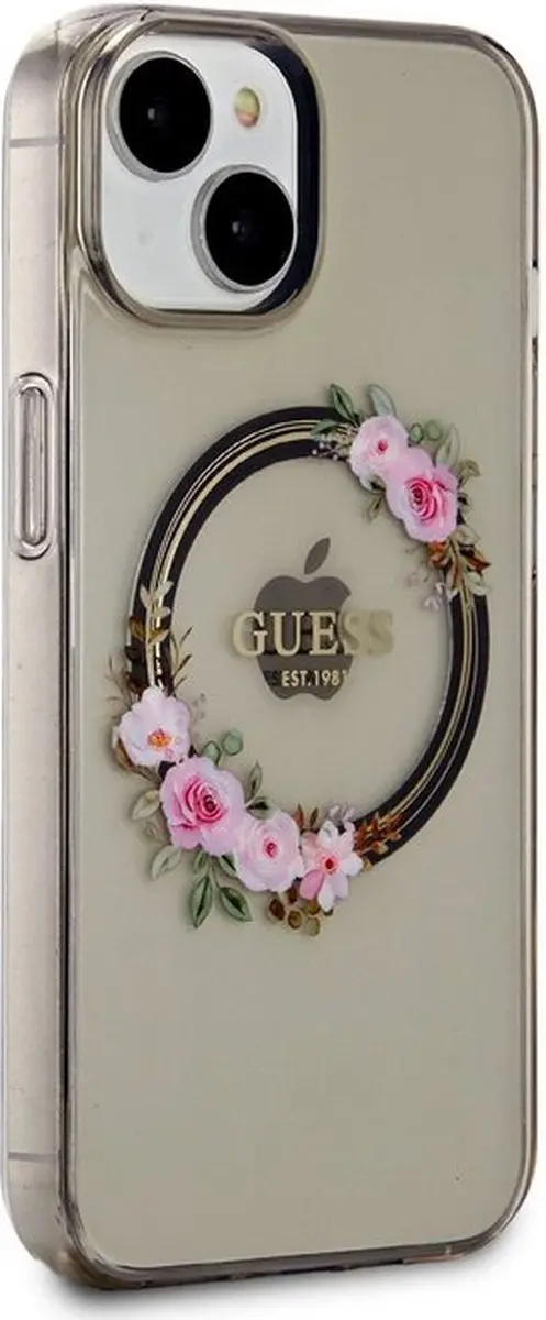 GUESS Glossy Ring Back Case MagSafe iPhone 15 - Zwart