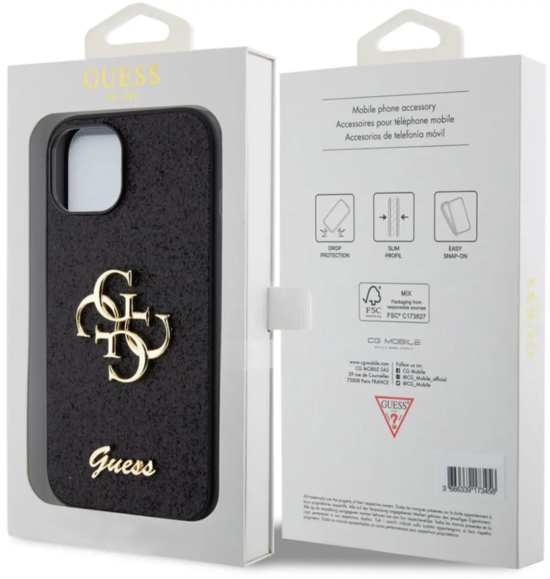 GUESS 4G Logo Glitter Back Case SH00068999 - iPhone 15 - Zwart