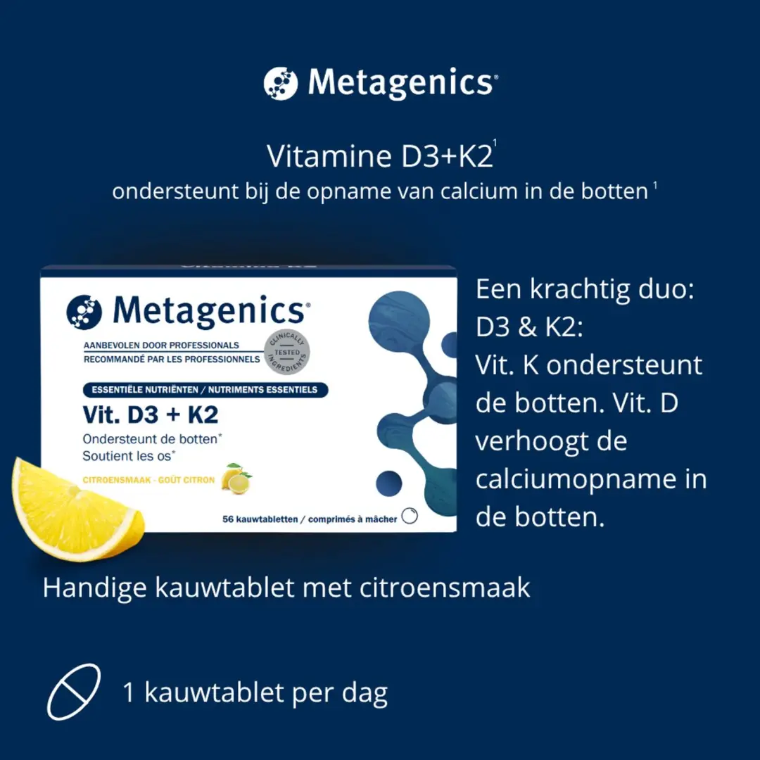 Metagenics Vitamine D3+K2 MK-7 Kauwtabletten 56 Stuks - Citroensmaak