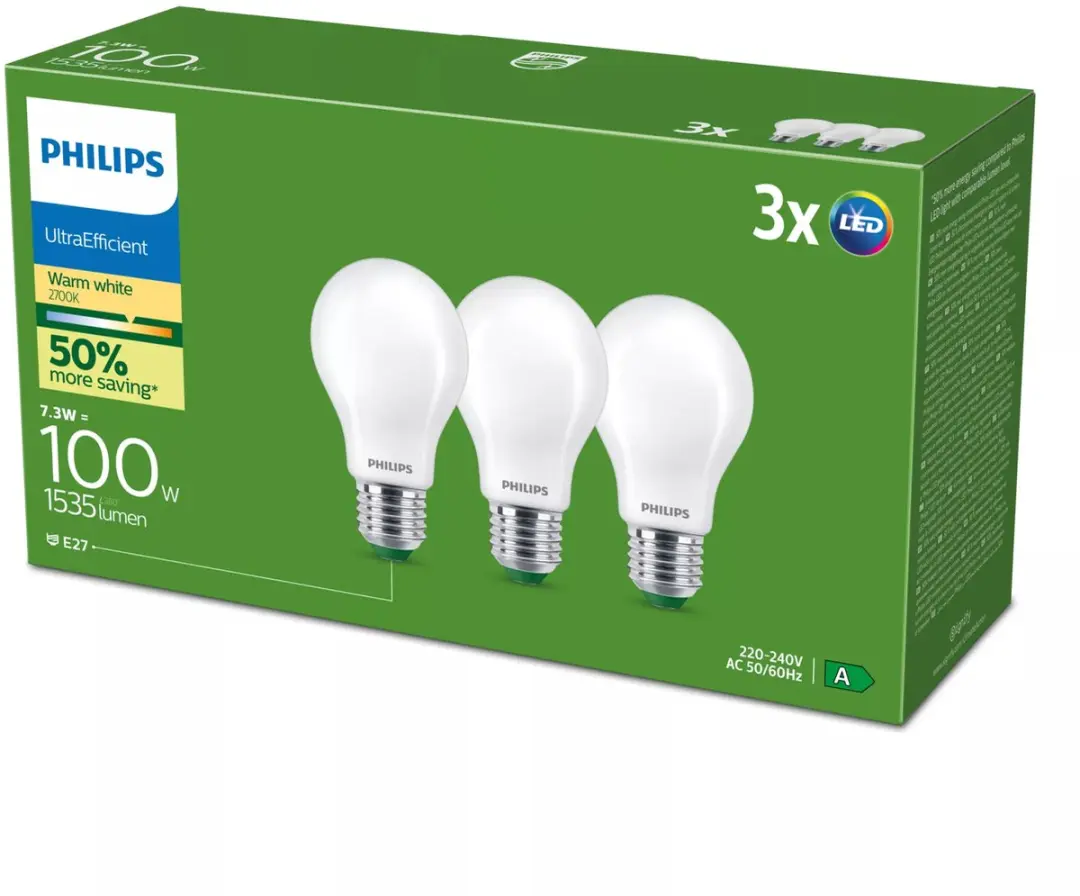 Philips Filament Bulb A60 E27 7.3W - 3 Stuks