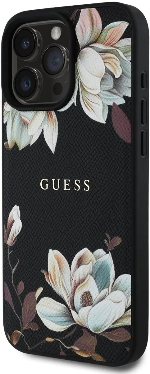 GUESS Telefoonhoesje iPhone 16 Pro Max - Bloemenontwerp - Zwart