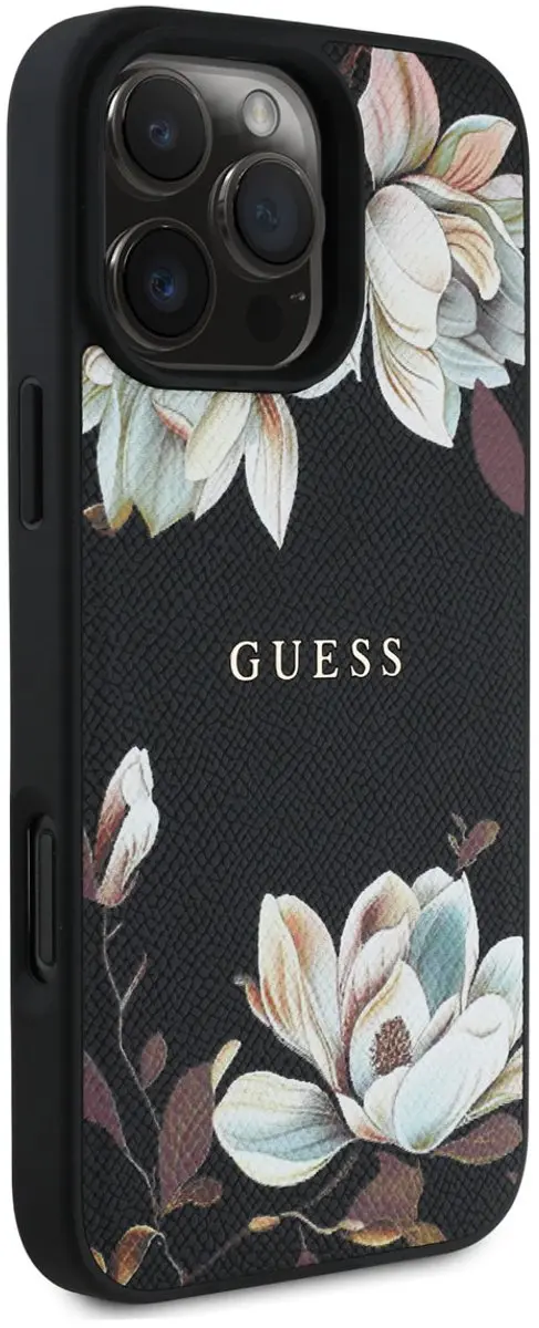 GUESS Telefoonhoesje iPhone 16 Pro Max - Bloemenontwerp - Zwart
