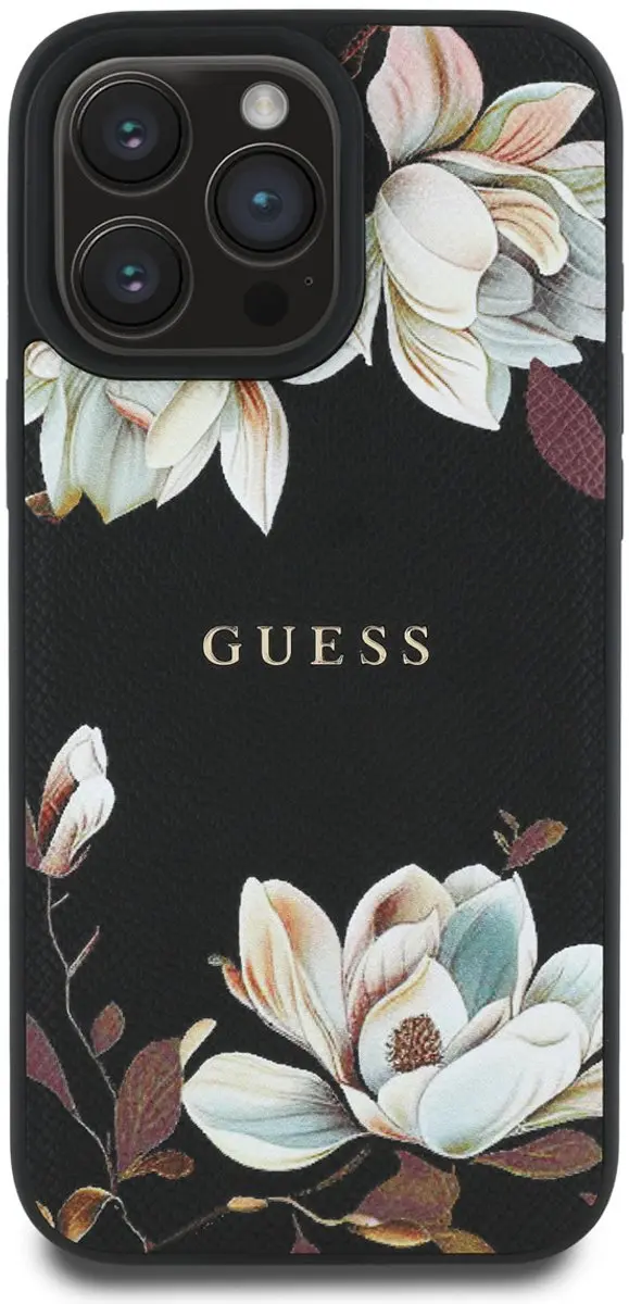 GUESS Telefoonhoesje iPhone 16 Pro Max - Bloemenontwerp - Zwart