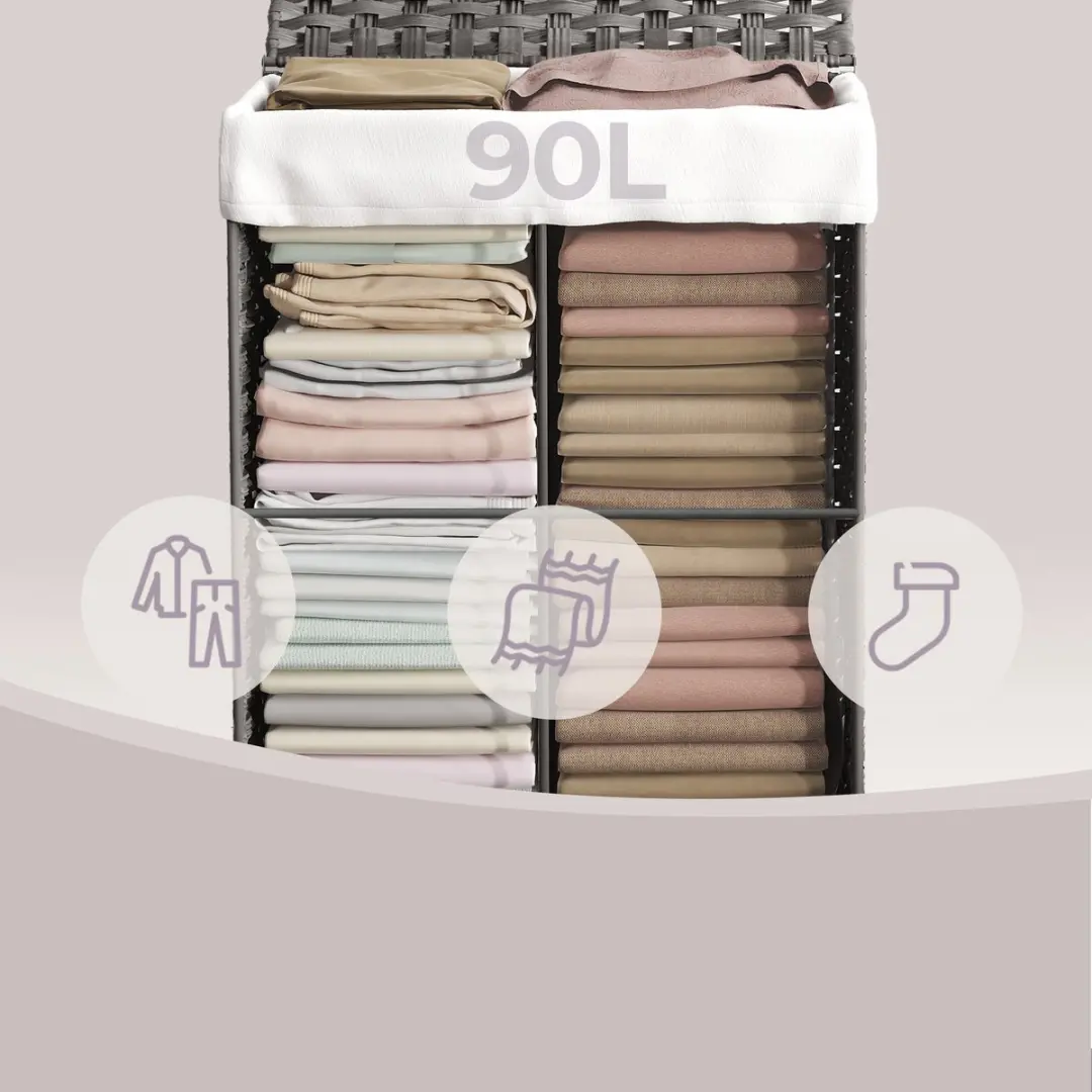 Songmics Wasmand 90L Grijs - Opvouwbaar met Deksel - afbeelding 6 van 6