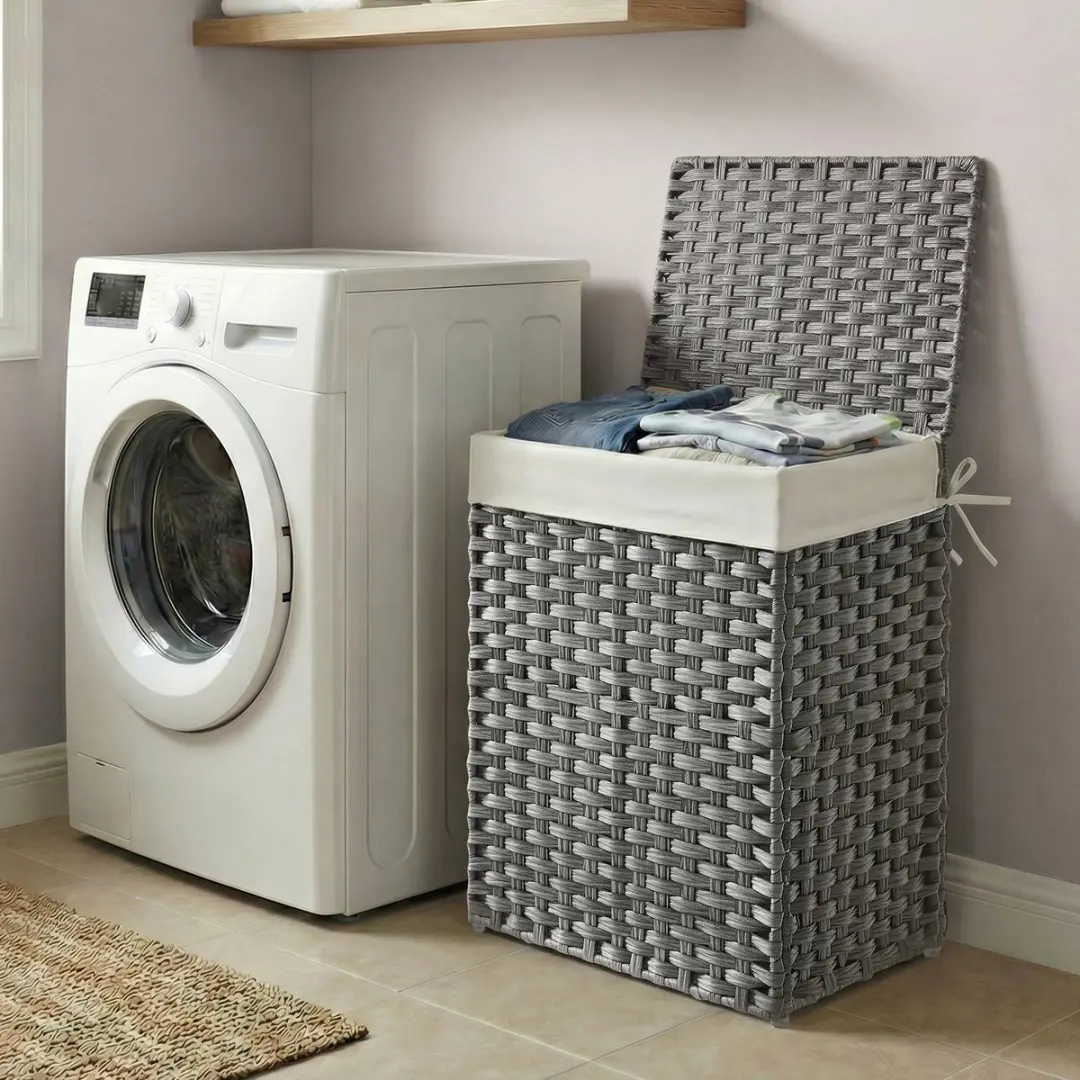 Songmics Wasmand 90L Grijs - Opvouwbaar met Deksel