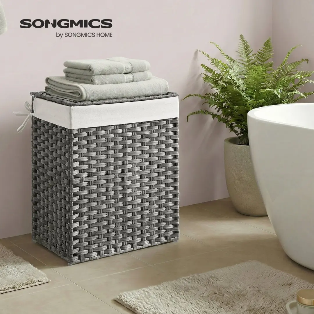 Songmics Wasmand 90L Grijs - Opvouwbaar met Deksel