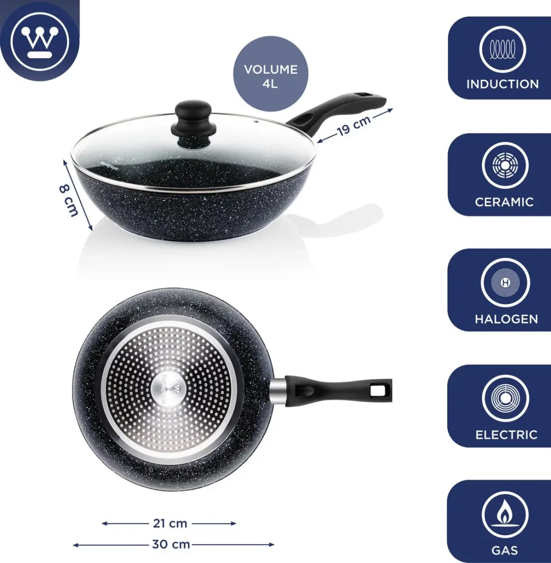 Westinghouse 2-delige Pannenset - Grillpan Ø28cm + Wokpan Ø30cm - Inductie - Zwart Marmer