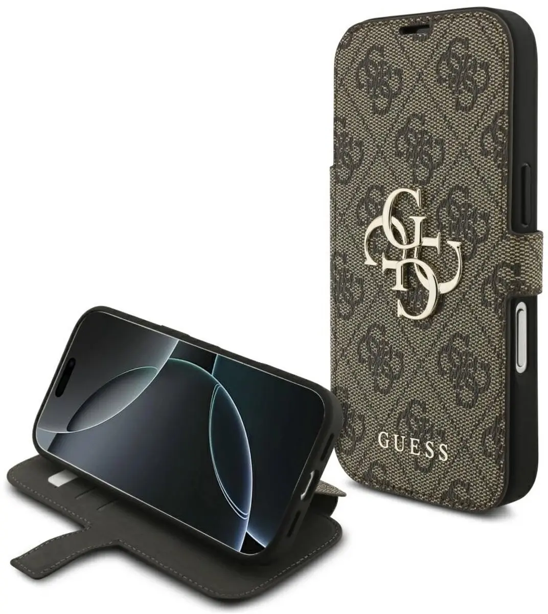 GUESS 4G Big Metal Logo Book Wallet Case - iPhone 17 Pro - 3 Pasjes - Bruin