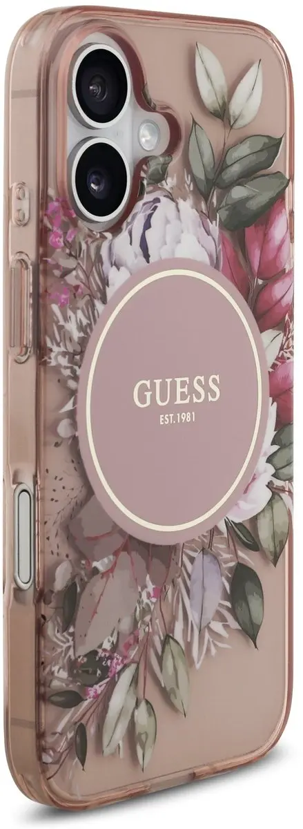 GUESS iPhone 17 Back Cover - Roze - IML Flowers met Kralen Strap