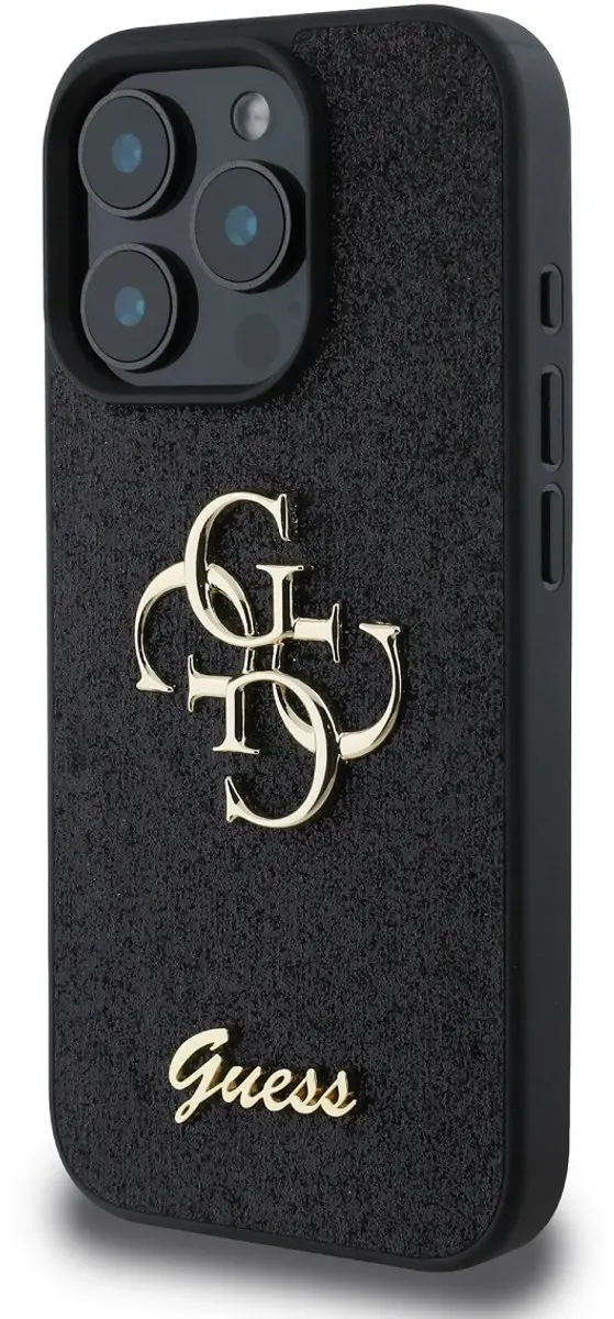 GUESS Hoesje iPhone 16 Pro Glitters & Metaal Logo - Zwart GUHCP16LHG4SGK
