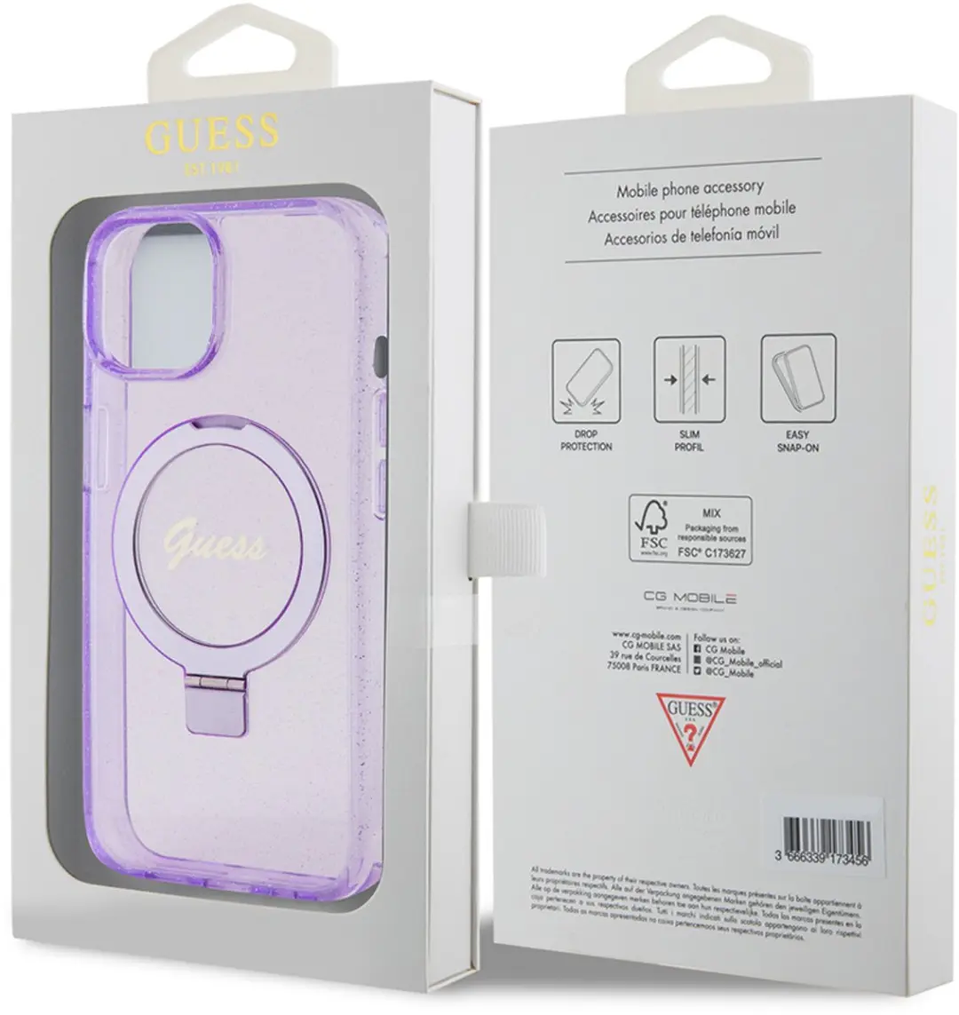 GUESS Ring Glitter Back Case - Paars - iPhone 15 Plus