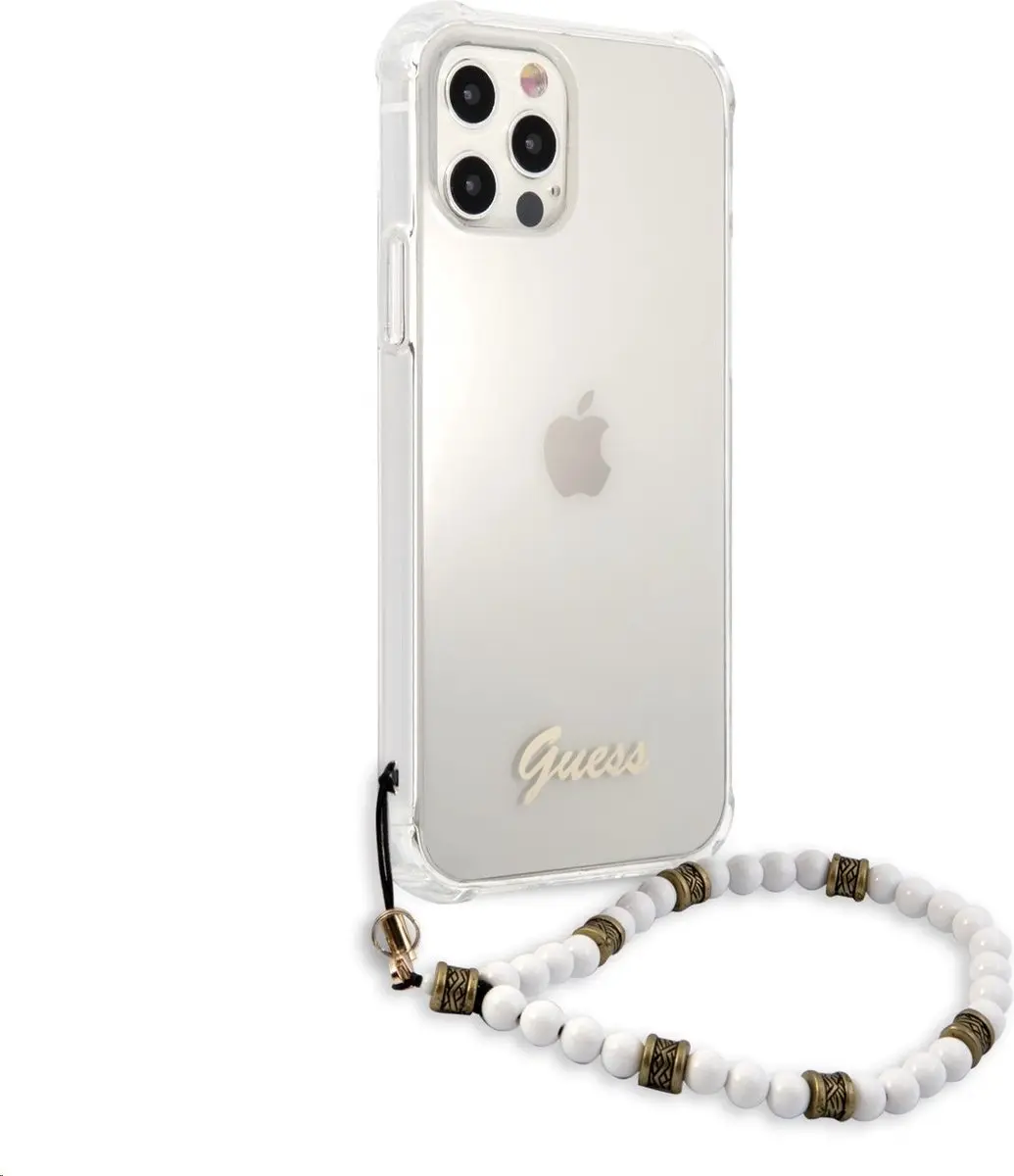 Guess PC Script ShockProof Hoes iPhone 12/12 Pro - Transparant/Witte Parels