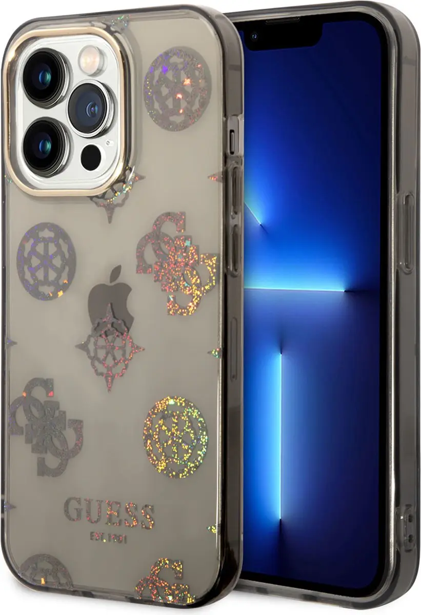GUESS 4G Peony Glitter Back Case iPhone 14 Pro - Zwart