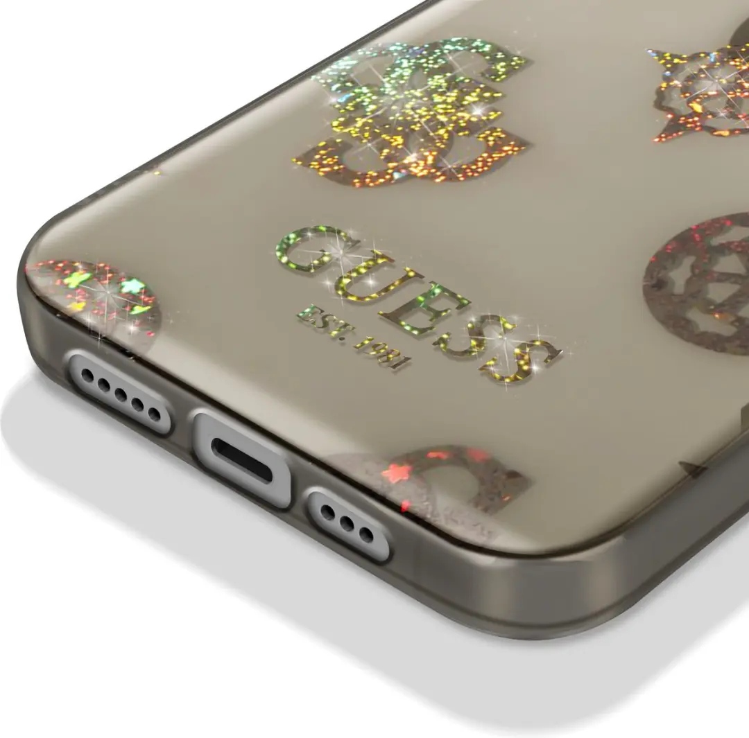 GUESS 4G Peony Glitter Back Case iPhone 14 Pro - Zwart
