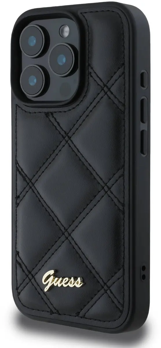 GUESS Quilted Puffed Metal Logo Hoesje iPhone 16 Pro - Zwart