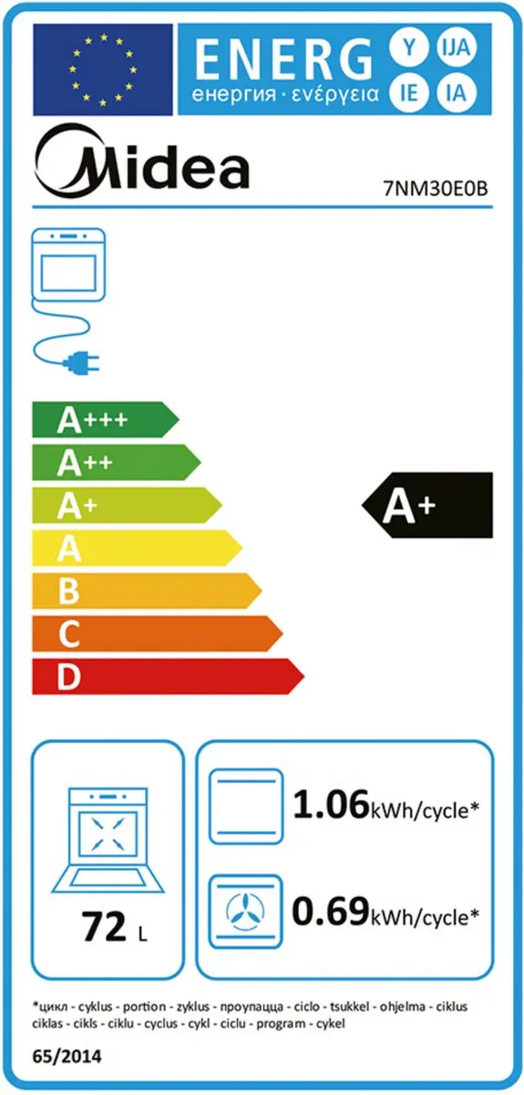 Midea 7NM30E0B Inbouwoven 72L - Zwart