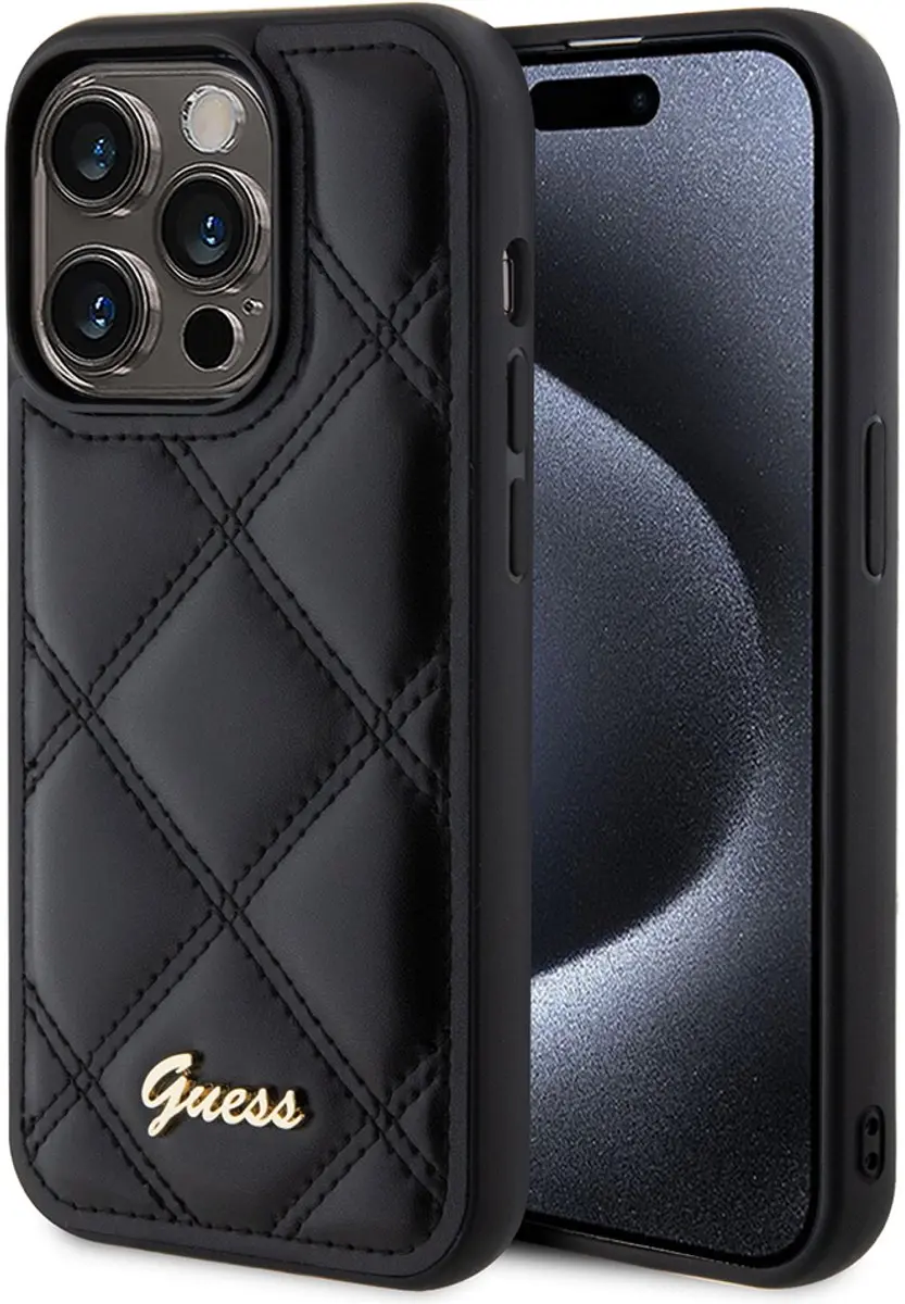 GUESS Quilted Metal Logo Hoes iPhone 15 Pro Max - Zwart