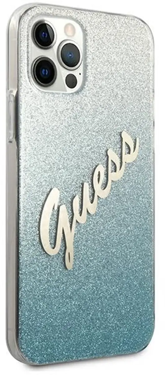 Guess iPhone 12 Hoesje Glitter Gradient Script - Blauw