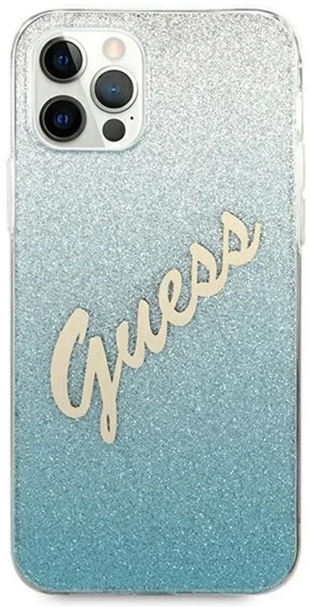 Guess iPhone 12 Hoesje Glitter Gradient Script - Blauw
