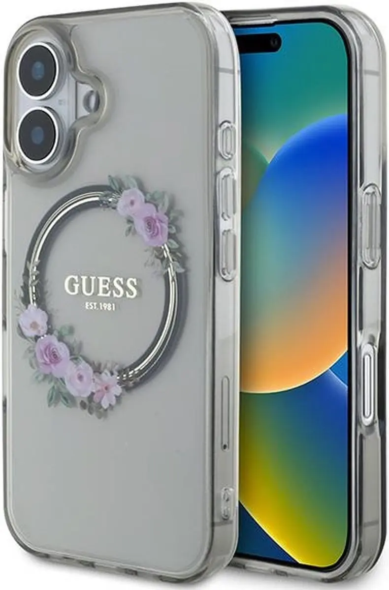 GUESS GUHMP16SHFWFCK iPhone 16 Hardcase - MagSafe - Bloemenkrans - Zwart