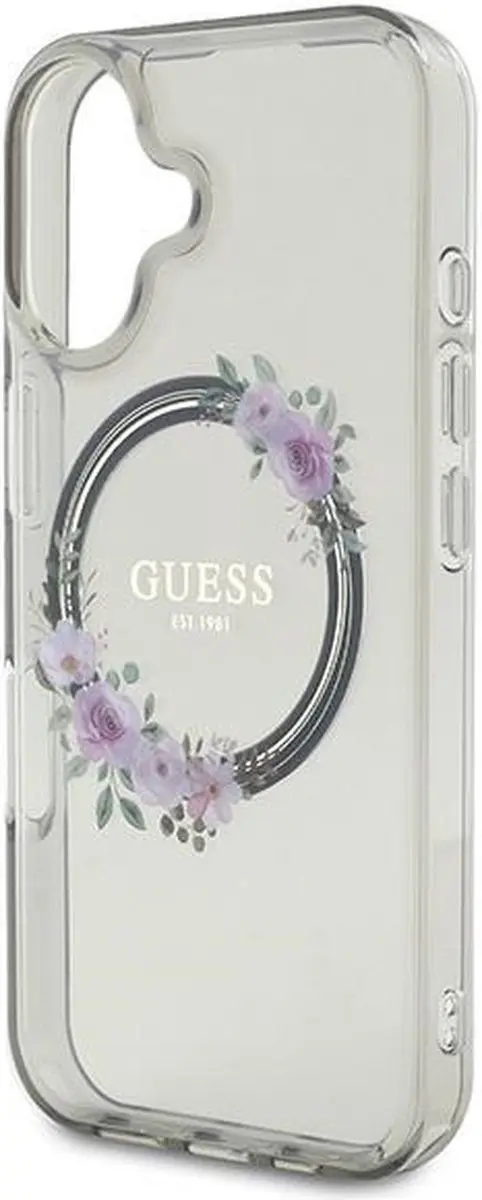 GUESS GUHMP16SHFWFCK iPhone 16 Hardcase - MagSafe - Bloemenkrans - Zwart