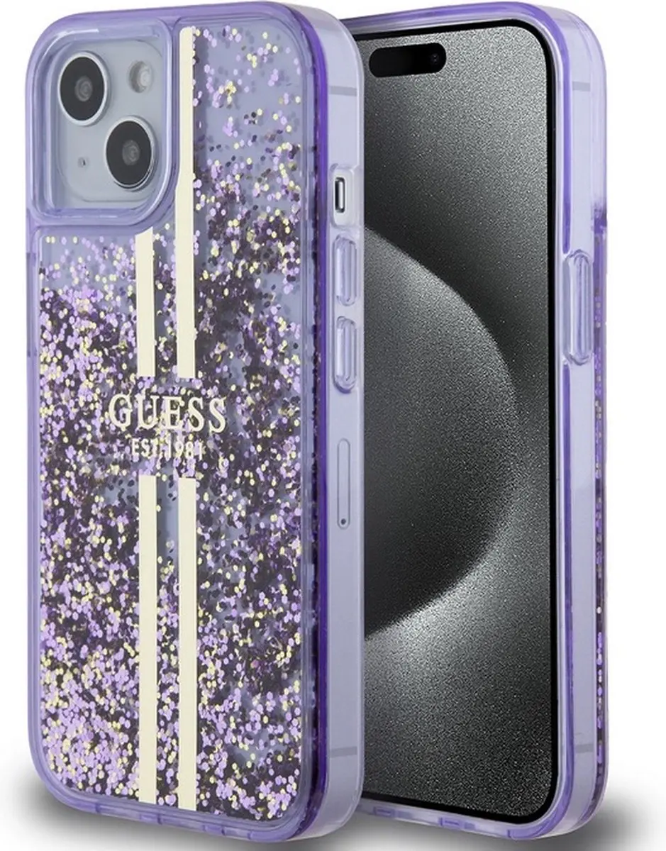 Guess Liquid Glitter Golden Stripes Hoesje - iPhone 15 - Paars