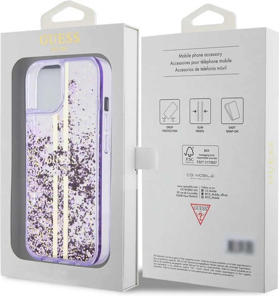 Guess Liquid Glitter Golden Stripes Hoesje - iPhone 15 - Paars