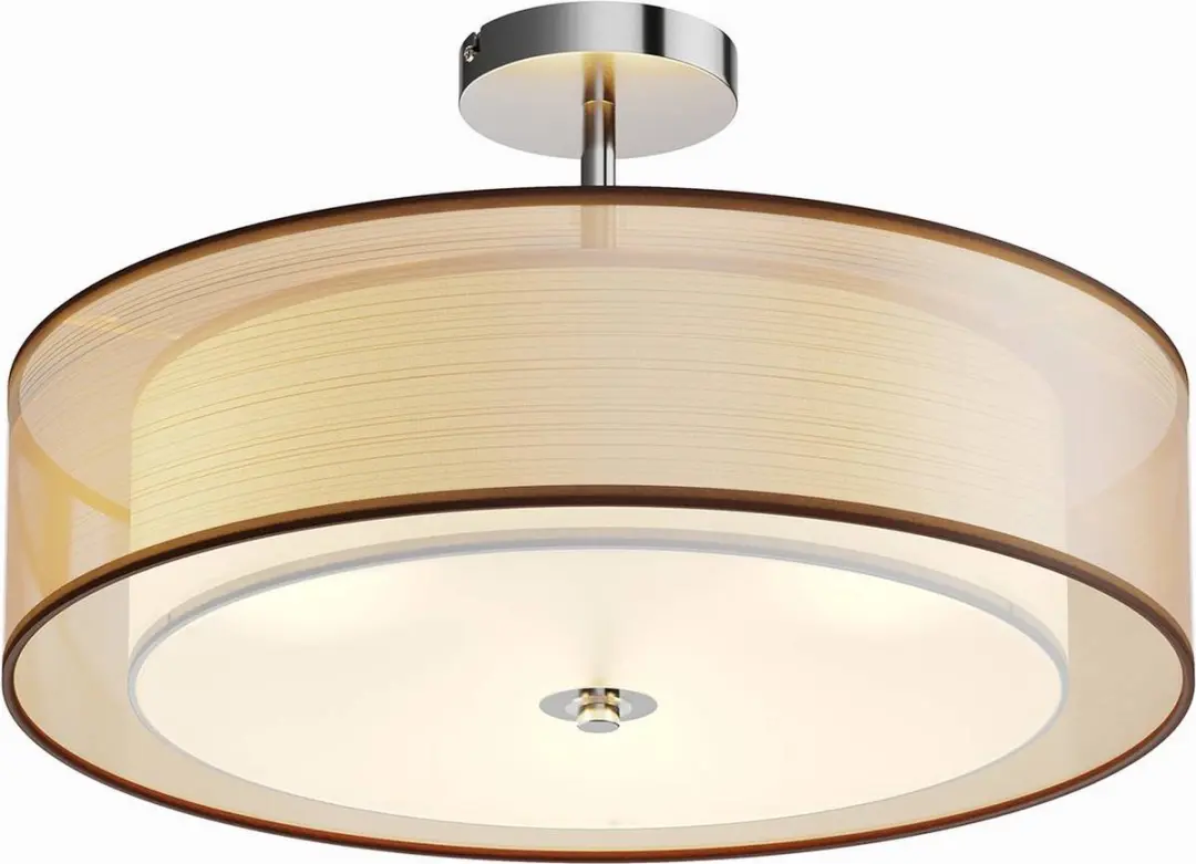 Lindby Plafondlamp 3-Lichts Metaal/Textiel/Glas - Ø50cm - Chroom/Bruin/Wit - afbeelding 6 van 6