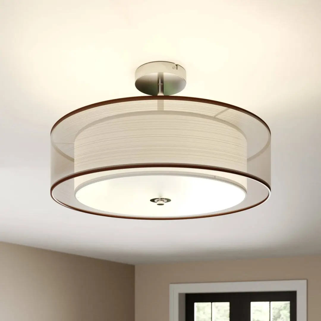 Lindby Plafondlamp 3-Lichts Metaal/Textiel/Glas - Ø50cm - Chroom/Bruin/Wit