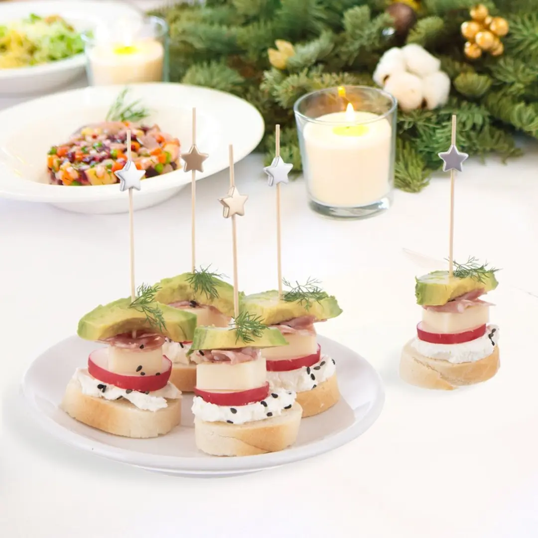 Orion Cocktailprikkers Sterretjes Bamboe - 20 Stuks - Veelkleurig